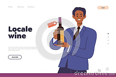 Local wine landing page design template with sommelier presenting new bouquet of alcoholic drink Vector Illustration