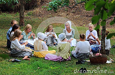 Local young citizens perform historical crafts in the Norwegian Museum of Cultural History Norsk Folkemuseum which was establish Editorial Stock Photo
