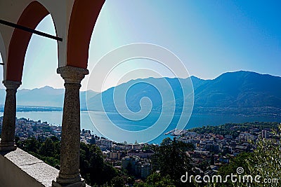 Locarno and Lago Maggiore with Arcs of Madonna del Sasso Stock Photo