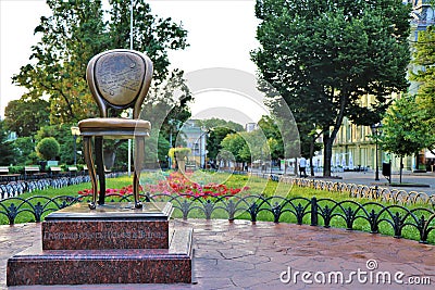 Odessa, Ukraine. Monument to Ilf and Petrov; called 12 chairs. Editorial Stock Photo