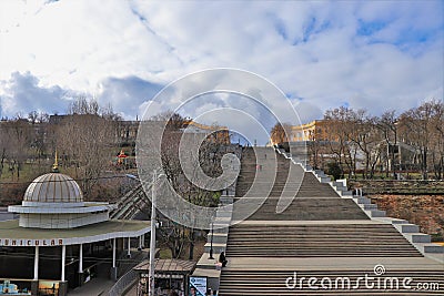 Panoramic view of the Potemkin stairs, symbol of Odessa. Editorial Stock Photo