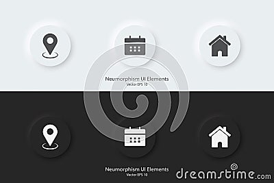 Location, date, address icon. Web icon set. A set of black and white round buttons with location, date and address symbols. 3D Vector Illustration