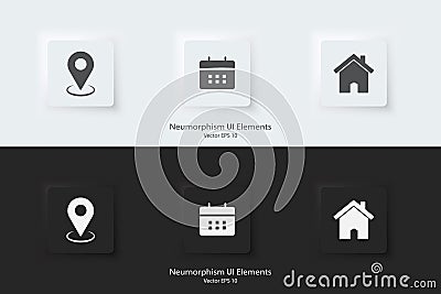 Location, date, address icon. Web icon set. A set of black and white square buttons with location, date and address symbols. 3D Vector Illustration