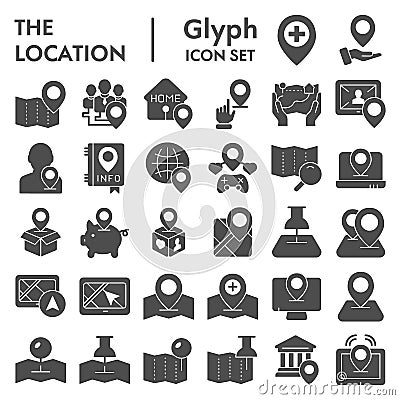 Location glyph icon set, navigation symbols collection, vector sketches, logo illustrations, direction signs solid Vector Illustration