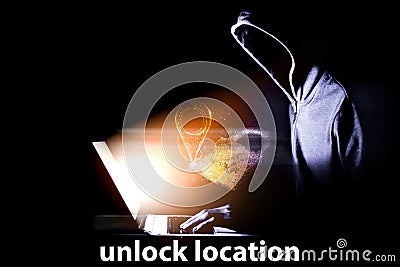 Location icon and lock. hacker blocks locations Stock Photo