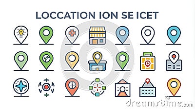 Location icon set. Containing map, map pin, gps, destination, directions, distance, place, navigation and address icons. Stock Photo