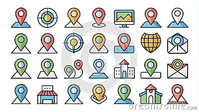 Location icon set. Containing map, map pin, gps, destination, directions, distance, place, navigation and address icons. Stock Photo
