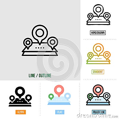 Location icon in six different styles, based on outline style, seo icon set, vector Stock Photo