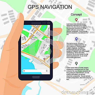 Location illustration on smartphone in hand. Vector Illustration