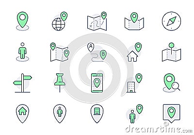 Location line icons. Vector illustration include icon - gps, paper map, globe, information sign, compass, smartphone Vector Illustration