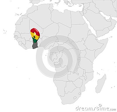 Location Map of Ghana on map Africa. 3d Republic of Ghana flag map marker location pin. High quality map of Ghana. Vector Illustration