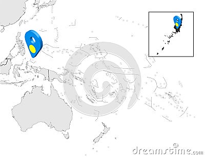 Location Map of Palau on map Oceania and Australia. 3d Republic of Palau flag map marker location pin. High quality map of Palau Vector Illustration