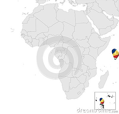 Location Map of Seychelles on map Africa. 3d Republic of Seychelles flag map marker location pin. High quality map Union of the Se Vector Illustration