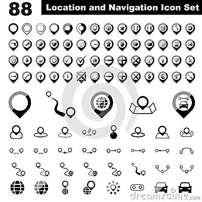 Location, navigation and map related grayscale icon set Stock Photo