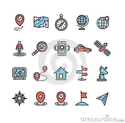 Location and Navigation Signs Color Thin Line Icon Set. Vector Vector Illustration