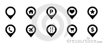 Location and Navigation vector icons map pin pointer. Set pointers, parking, restaurants, hospitals, supermarkets, telephones, Vector Illustration