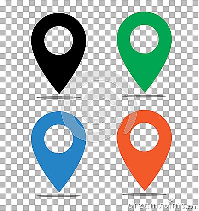 location pin icon on transparent. pin on the map sign. flat style. black, green, blue and orange location pin symbol. map pointer Stock Photo