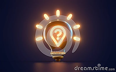 Location pointer question mark icon glowing inside lightbulb on dark background 3d render Stock Photo