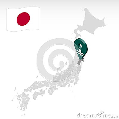 Location of Prefecture Miyagi on map Japan. 3d Miyagi location mark. Quality map with regions of Japan Vector Illustration