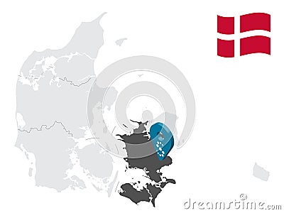Location Region Zealand on map Denmark. 3d location sign similar to the flag of Region Zealand. Quality map with regions of Denma Vector Illustration