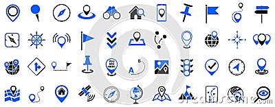 Location set icons, navigation signs, GPS location symbols, collection blue black map pointer icons Vector Illustration
