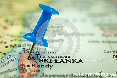 Location Sri Lanka, travel map with push pin point marker close-up, Asia journey concept Stock Photo