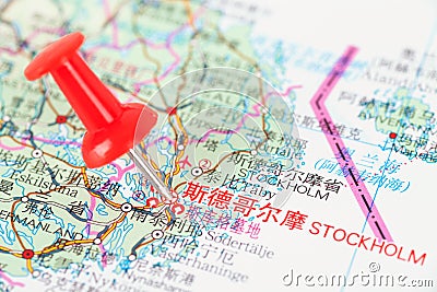 The location of Stockholm, the capital of Sweden, on the map Stock Photo