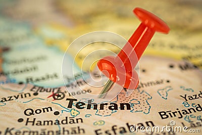 Location Tehran in Iran, travel map with push pin point marker close-up, Asia journey concept Stock Photo