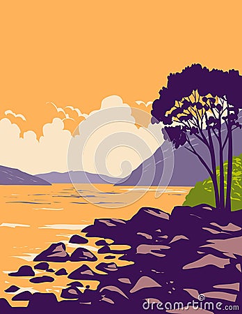 Loch Ness and the Caledonian Canal in Scottish Highlands of Scotland WPA Art Deco Poster Vector Illustration