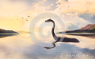 The Loch ness monster looks at the birds at sunset Stock Photo