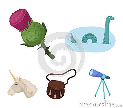 Loch Ness monster, thistle flower, unicorn, sporan. Scotland country set collection icons in cartoon style vector symbol Vector Illustration