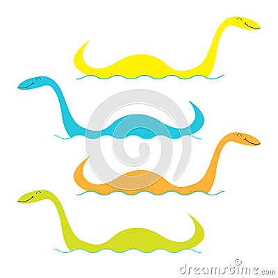 Loch Ness Nessy fictional creature big set. Water monster with eye, tail Swimming floating Sea ocean wave. Dinosaur shape. Funny C Vector Illustration