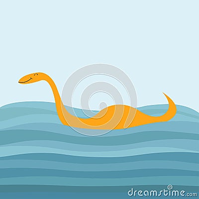 Loch Ness Nessy fictional creature. Dinosaur shape. Water monster with eye, tail Swimming floating Sea ocean waves. Funny Cute car Vector Illustration