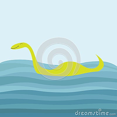 Loch Ness Nessy fictional creature. Dinosaur shape. Water monster. Swimming floating Sea ocean waves. Funny Cute cartoon character Vector Illustration