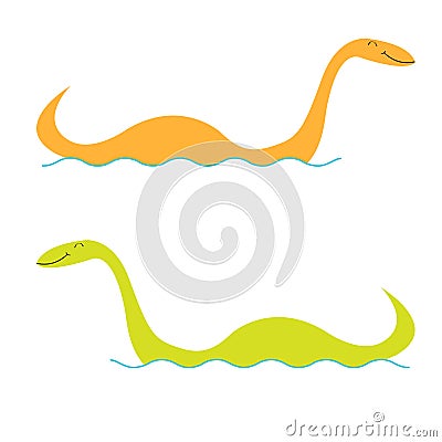 Loch Ness Nessy fictional creature set. Water monster with eye, tail Swimming floating Sea ocean wave. Dinosaur shape. Funny Cute Vector Illustration