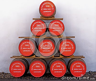 Lochranza Distillery - Display of Whisky barrels Editorial Stock Photo