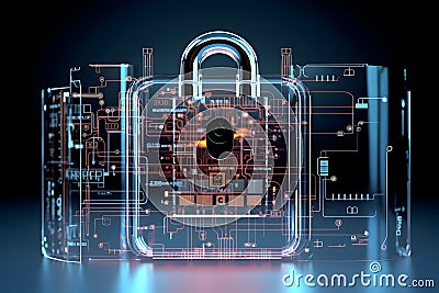 Lock with circuit pattern. Concept of data security, cybersecurity, cyber defense, etc Stock Photo