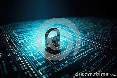 A lock on a cyber security background prevents hacking in the network created with generative AI technology Stock Photo