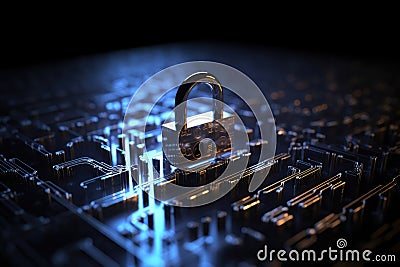 A lock on a cyber security background prevents hacking in the network created with generative AI technology Stock Photo