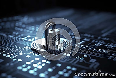 A lock on a cyber security background prevents hacking in the network created with generative AI technology Stock Photo