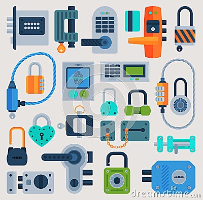 Lock door vector flat icons set security house protection concept Safety password sign privacy element access closed Vector Illustration