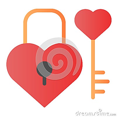 Lock and key in heart shape flat icon. Love padlock and key color icons in trendy flat style. Valentine lock gradient Vector Illustration