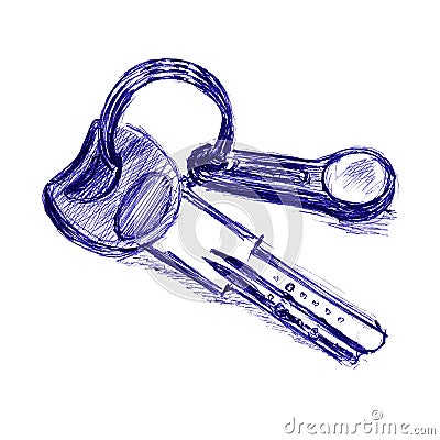 Lock key with house guard chip. Hand made sketch with ballpoint pen on paper texture. Isolated on white Stock Photo