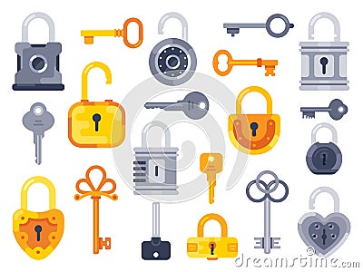 Lock with keys. Golden key, access padlock and closed safe padlocks isolated flat vector set Vector Illustration