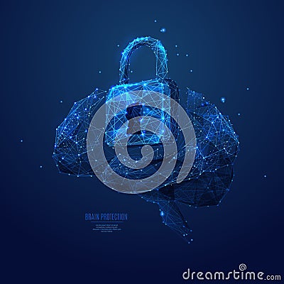 Lock and brain low poly blue Vector Illustration