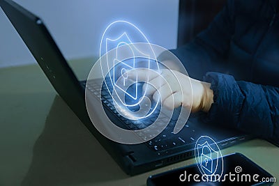 lock mark cybersecurity internet, protect attacks from a hacker. concept of password privacy on an online system, secure data from Stock Photo