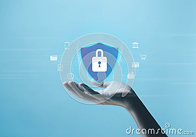 lock mark secure data, from information technology digital, viruses cyber, protect attacks from a hacker, crime. concept of Stock Photo