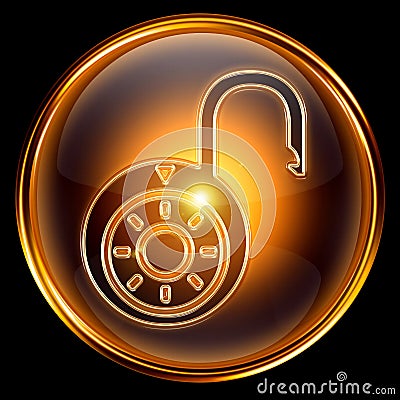 Lock open icon gold, isolated on black Stock Photo