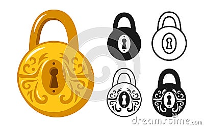 Lock round golden vintage icon set old padlock safety security symbol protection metal shiny sign Vector Illustration