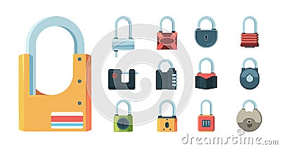 Lock set. Padlock key prison secret code door symbols vector flat illustrations isolated Vector Illustration